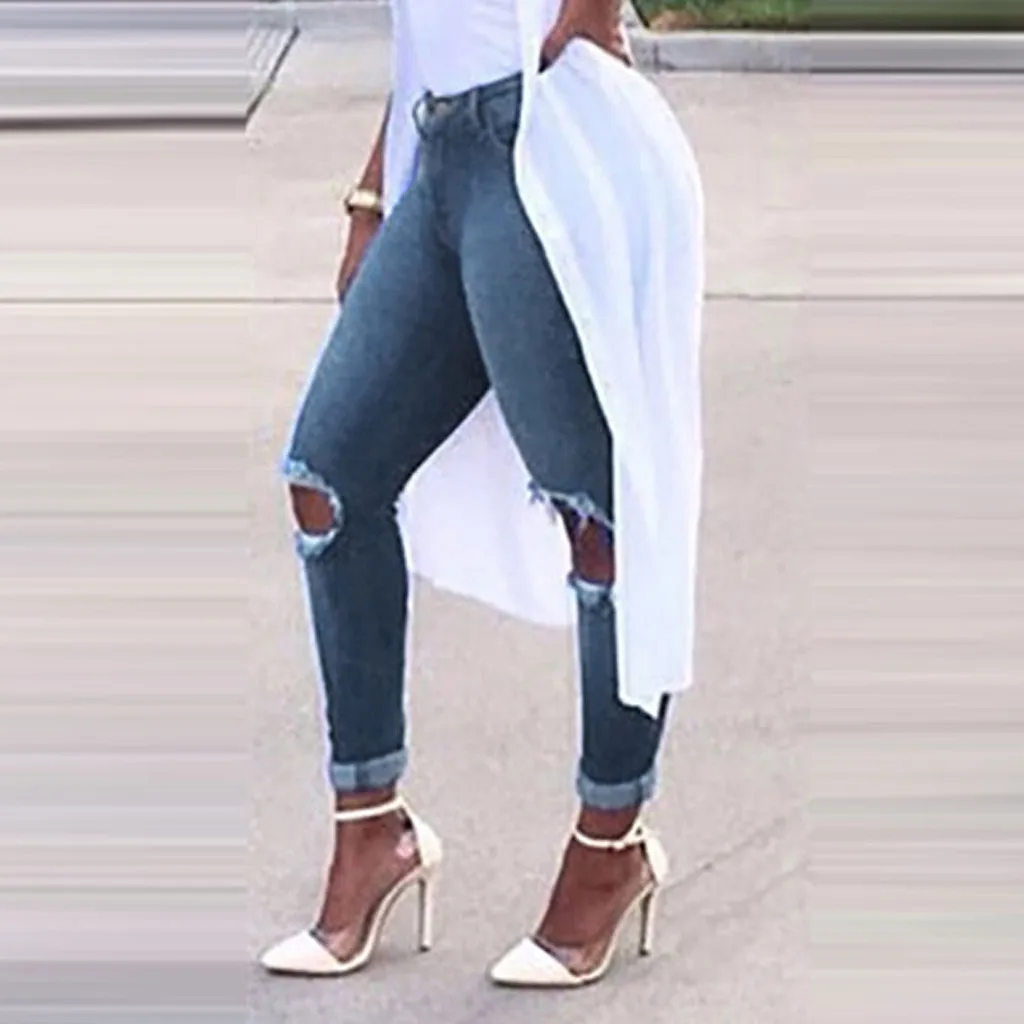 Женские джинсы с карманами и дырками размера плюс Сексуальные облегающие брюки