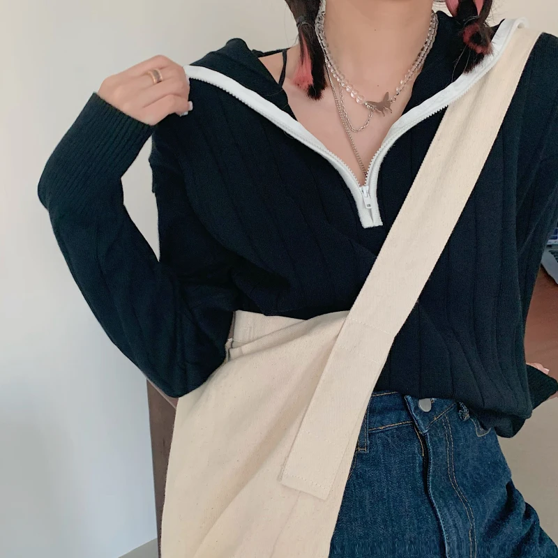 

Super High Collar Turtleneck Short Design Knitted Tops For Women Female Zipper Slim Knitwear Shirts