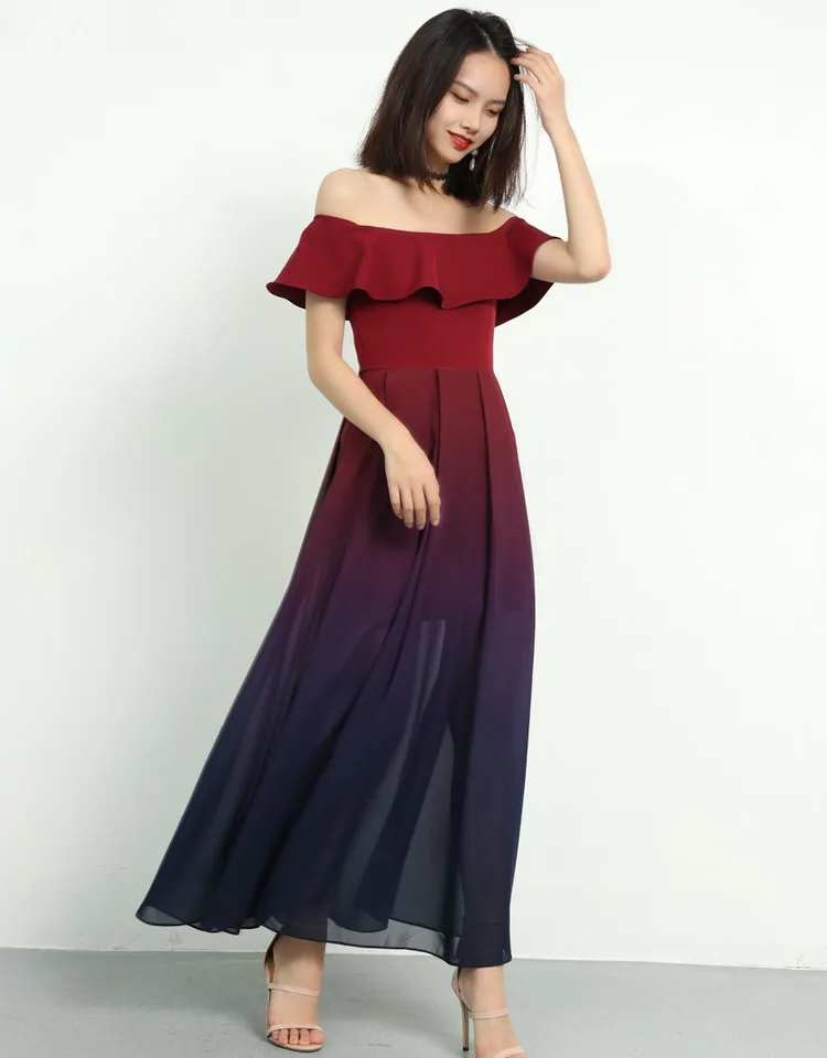 Женское вечернее платье с оборками шифоновое без бретелек открытыми плечами