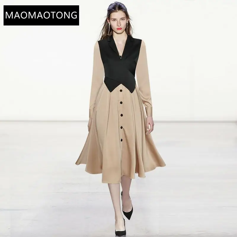 

Fashion Designer Autumn Dress Women's V-Neck Long Sleeve Single Breasted Office Lady Elegant Midi Dress