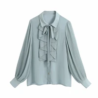 women cascading ruffle chiffon shirt casual femme pressed pleat lantern sleeve blouse lady loose tops blusas s8158
