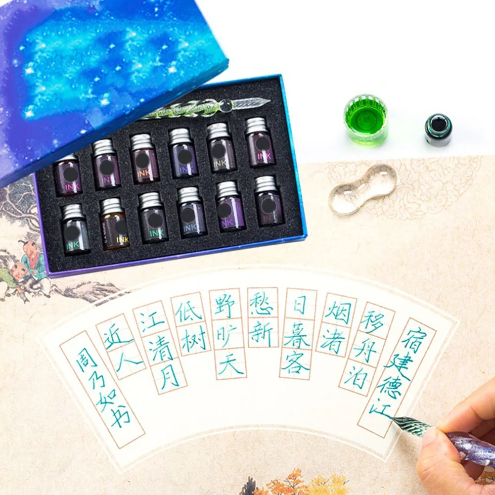 

13pcs School Birthday Gift Crystal Starry Sky Glass Dipped Pen Ink Set Writing Drawing Fountain Calligraphy Artisit Sign Style