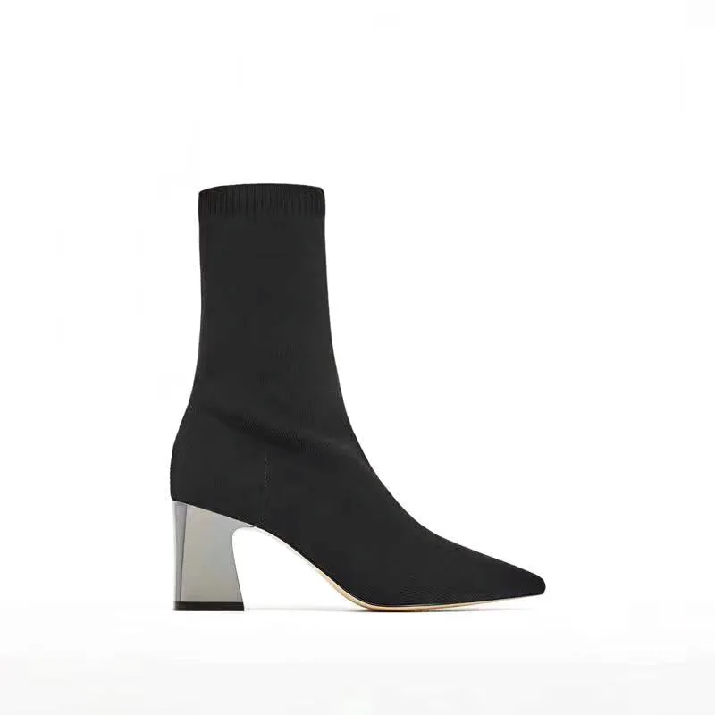 

spring and autumn new short boots for women's thick heel elastic pointed knitted socks and boots, net red high heel medium