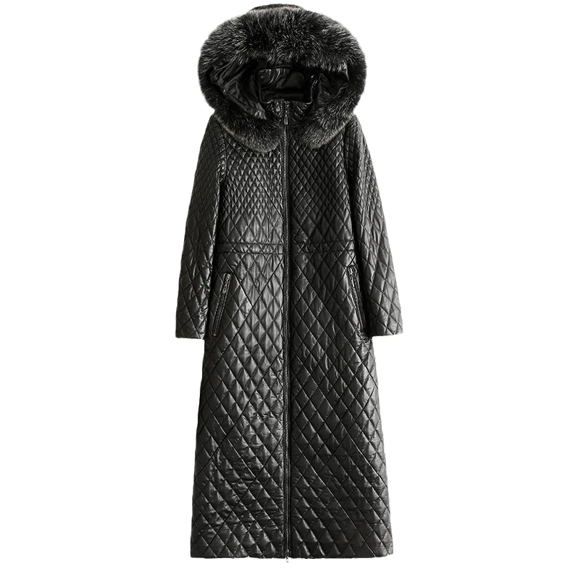 2021 genuine leather female sheepskin maxi long duck down coat jacket with fox fur hooded black oversized plus 2xl 3xl 4xl xxxxl