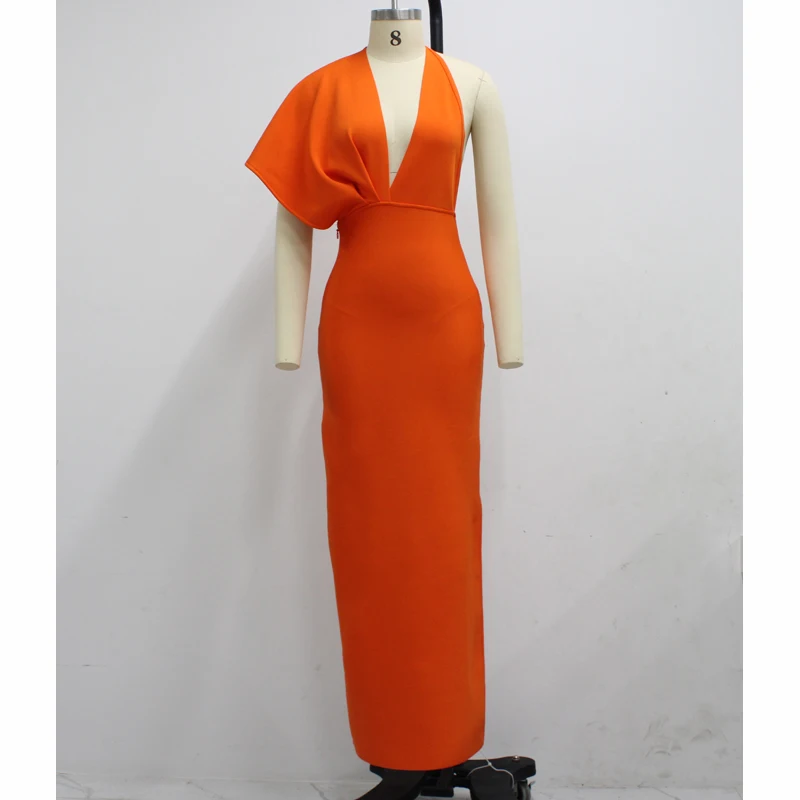 

Draped Backless Women Side Split Evening Party Dress 2021 Sexy V-neck Orange Black Long BandageDresses