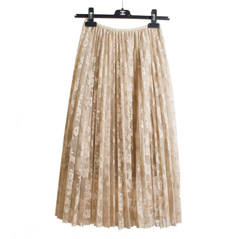 High Waist Lace Skirts Casual Embroidered A-line Pleated Skirt Female Winter Faldas Lining Spring Autumn Mid-Calf Women