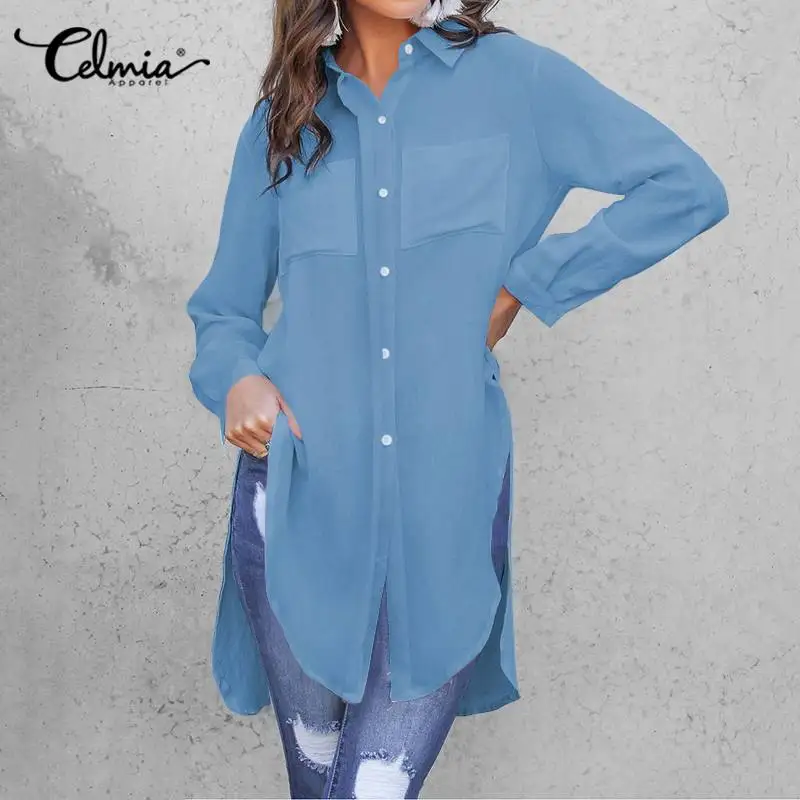 

Celmia 2022 Autumn Office Lady Stylish Shirts Women Fashion Lapel Elegant Split Hem Long Blouse Oversized Casual Tunic Top Femme