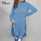 Осень 2022, офисные женские стильные рубашки Celmia, Женская Модная элегантная Длинная блузка с отложным воротником и разрезом, Повседневная Туника большого размера, Женский Топ