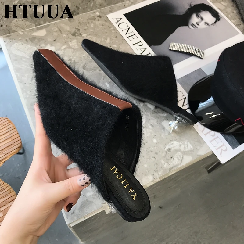 HTUUA/осенне-зимняя обувь из флока на меху; женские шлепанцы на низком прозрачном каблуке с квадратным носком; Лоферы без застежки; SX3239