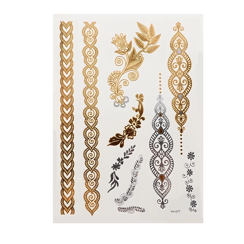 Водонепроницаемая Татуировка Flash металлик золото серебро Женская мода хна/перо