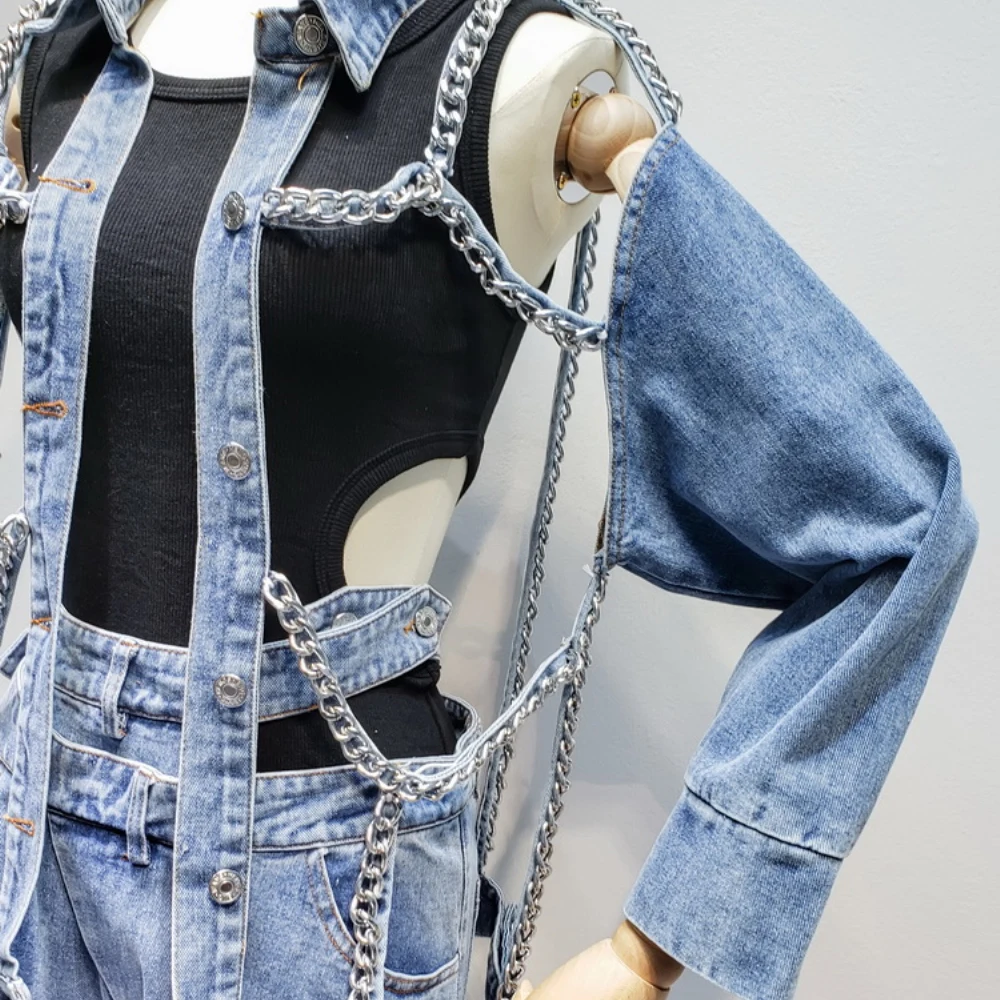 Женская джинсовая куртка с цепочкой Klacwaya стильная уличная вырезами и