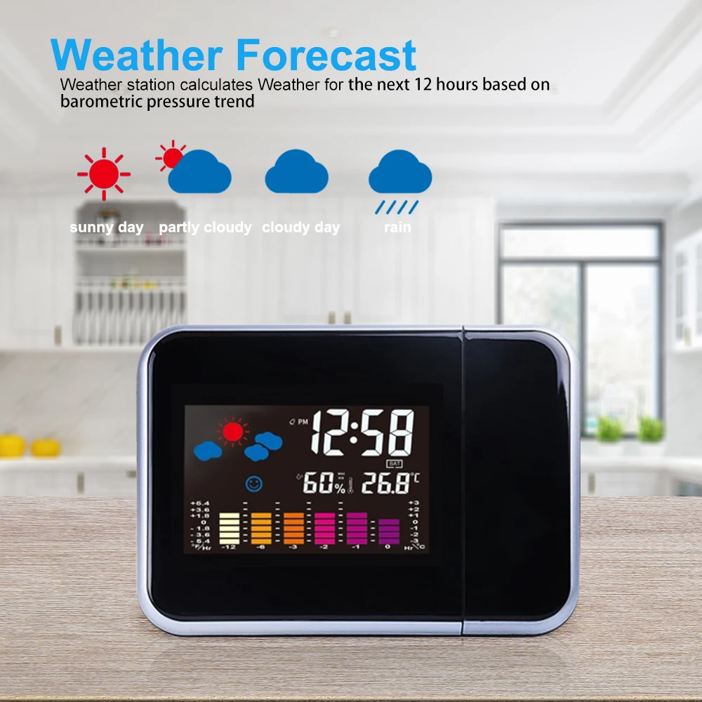 LED Digital Projection Alarm Clock With Weather Station Thermometer Date Display Table USB Charger | Дом и сад