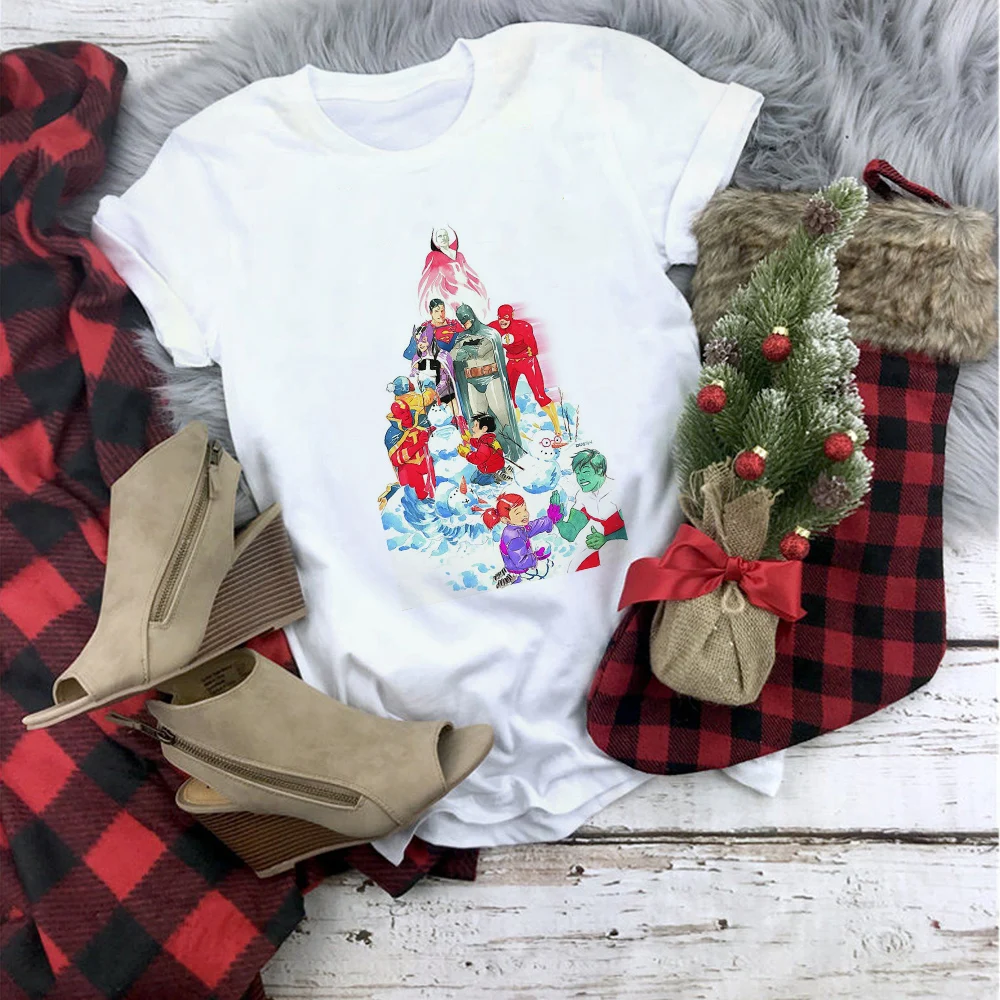 Showtly Superhero Marvel Merry Christmas Women T Shirt Kawaii Short Sleeve Harajuku Casual Vintage Super Soft Plus Size Tops