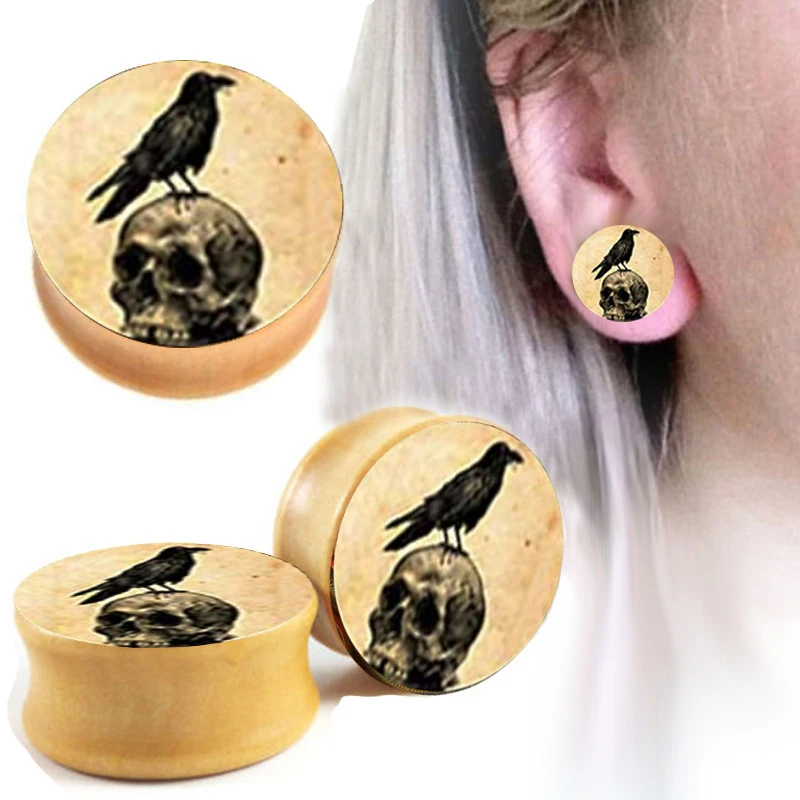 Skull bird Wood ear plug tunnel wholesales wooden ear gauges stretchers set 6-16mm body piercing earrings expander set