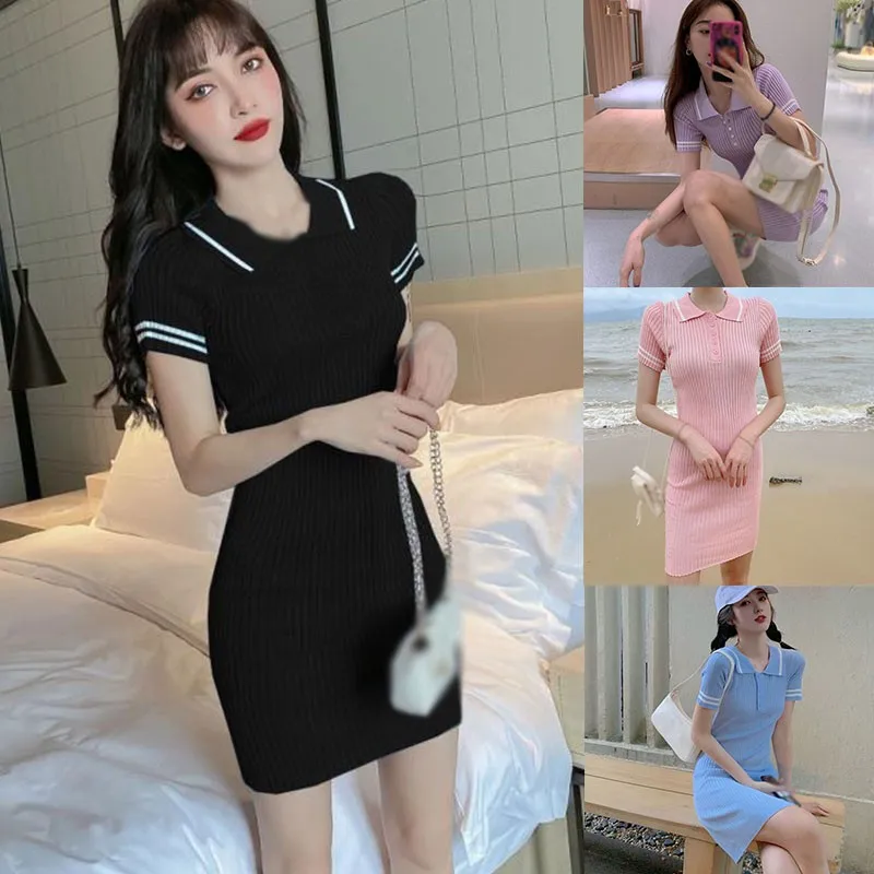 

Temperament Knit Dress for Women Lapel High Waist Bag Hip Dresses Bodycon Solid Color Buttons Dress Vestido De Mujer Free Size