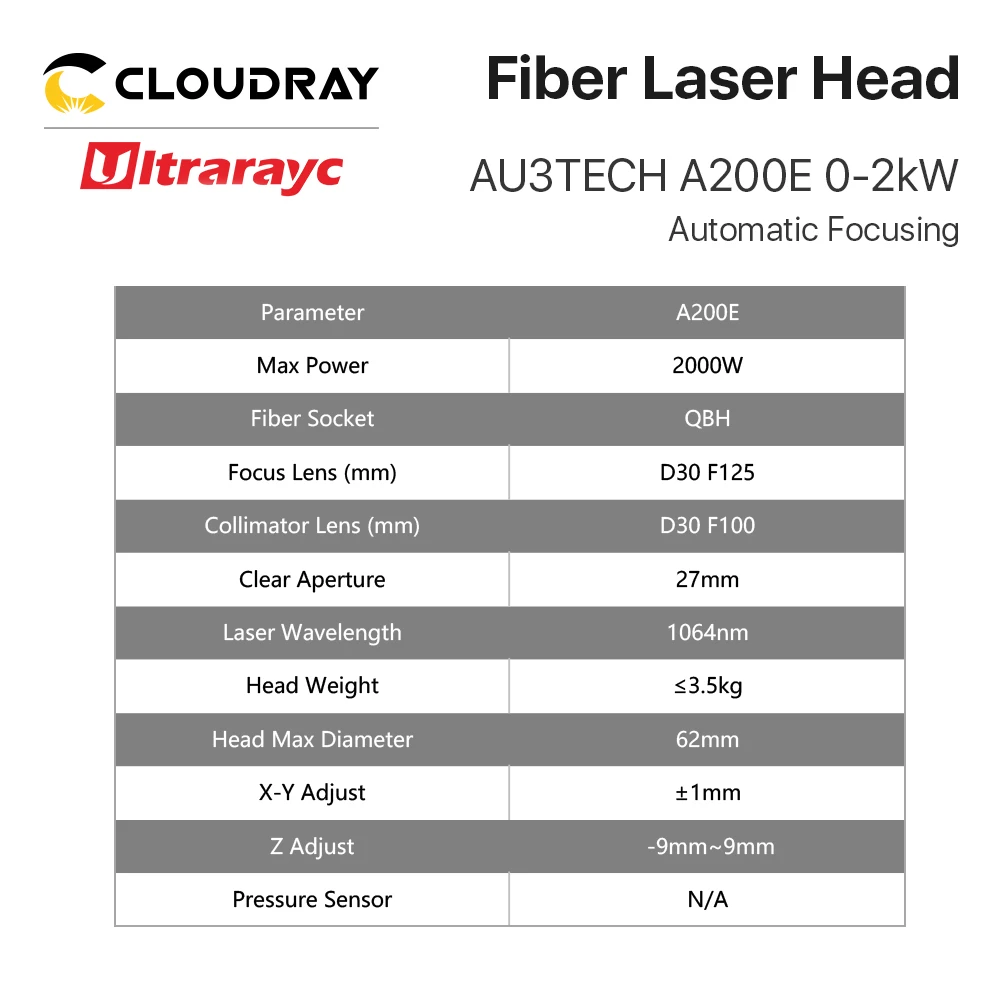 Автоматическая волоконная лазерная головка Cloudray AU3TECH A200E 0-2 квт с объективом D30 |