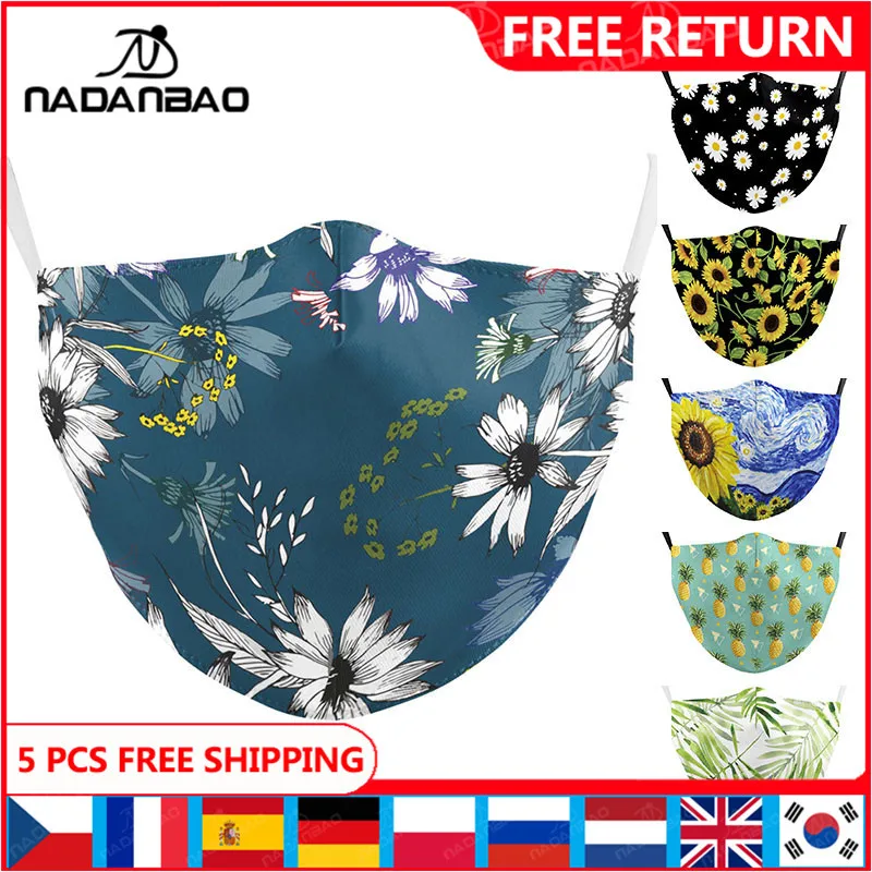 

Новинка, модная маска NADANBAO для лица с цветочным принтом, простые дизайнерские моющиеся маски, многоразовые маски для взрослых с цветочным р...