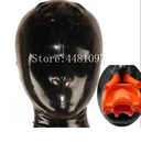 Сексуальное экзотическое нижнее белье, латексный капюшон с красными зубчиками, кляп и носовые трубки, молния сзади, резиновая маска для фетиша, униформа XS-XXL