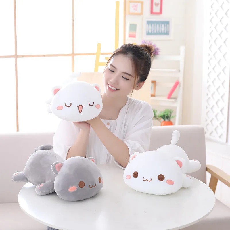 

Squishy Cats Stuffed Toy Cute Cartoon Grey White Lying Eyes Closed/Open Cat Animal Kids Appeasing Toy Children Gift 35/50/65cm