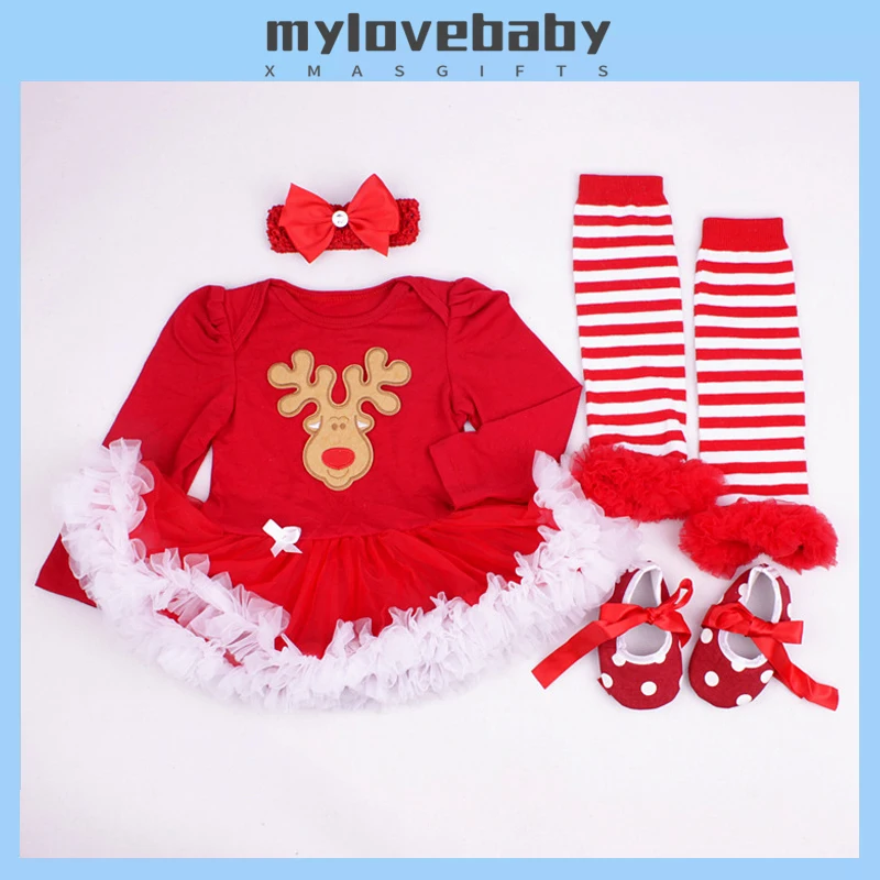 

1 & 2 Years Baby Infant Girls Christmas Costumes Deer Baptism Party Romper with Headband Leg Warmer Shoes Baby Christmas Outfits