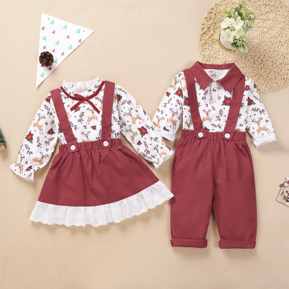 

Emmababy Christmas Kids Two-piece Clothes Set, Printed Pattern Long Sleeve Pullover and Suspender Skirt/ Pants 1-4T