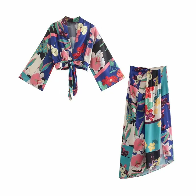 

za summer woman print tops suit 2021 fashion v-neck long sleeve design tops vintage hem Hidden zipper Half-length skirt suit