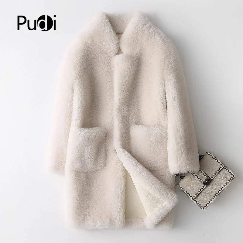 

PUDI A17833 Real Wool Fur Coat Jacket Over Size Parka Women's Winter Warm Genuine Fur Coats Cream Color