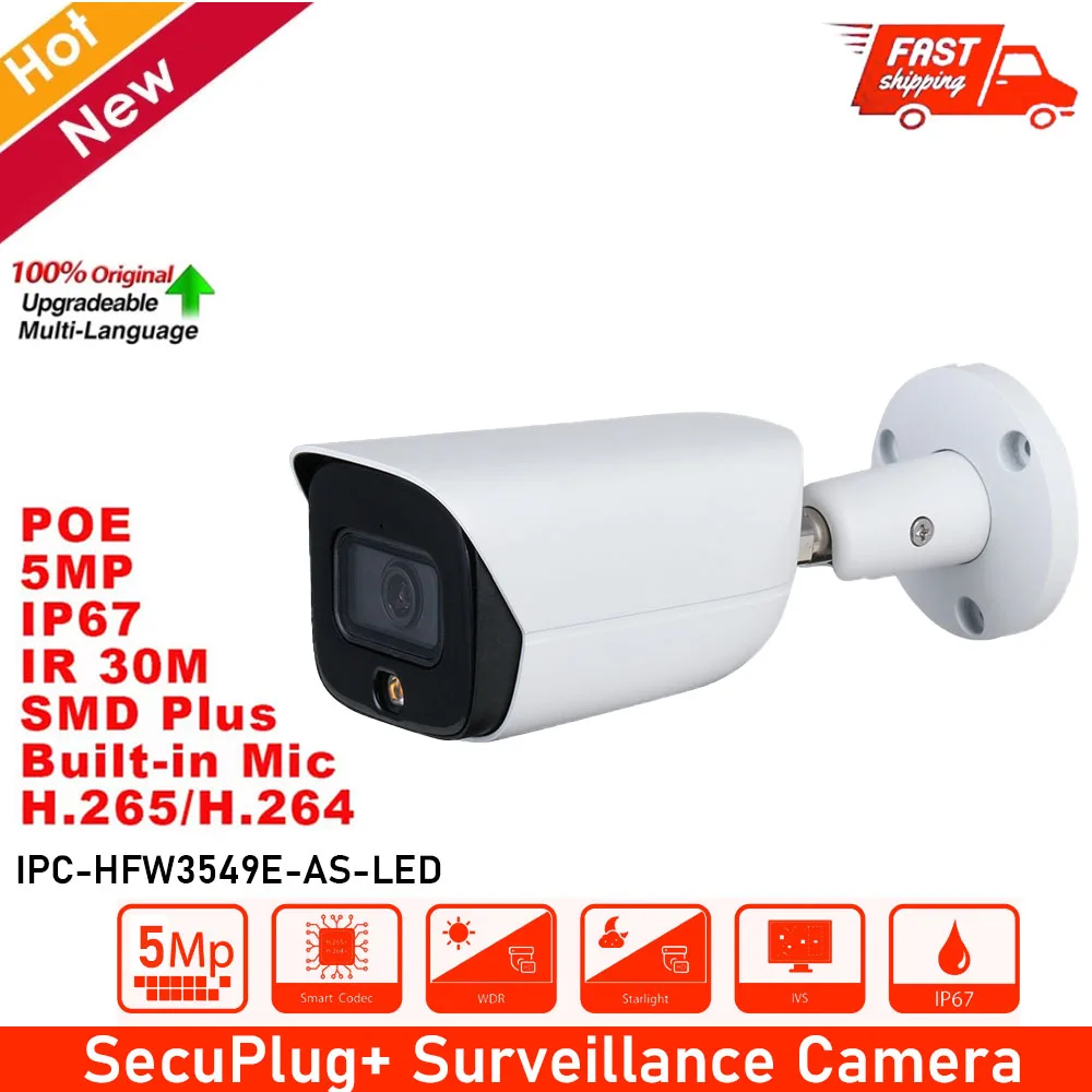 

Original DH IPC-HFW3549E-AS-LED 5MP Built-in Mic WizSense IP Camera 24 Hours Full-color IP67 IR 30M built-in Mic AI Camera