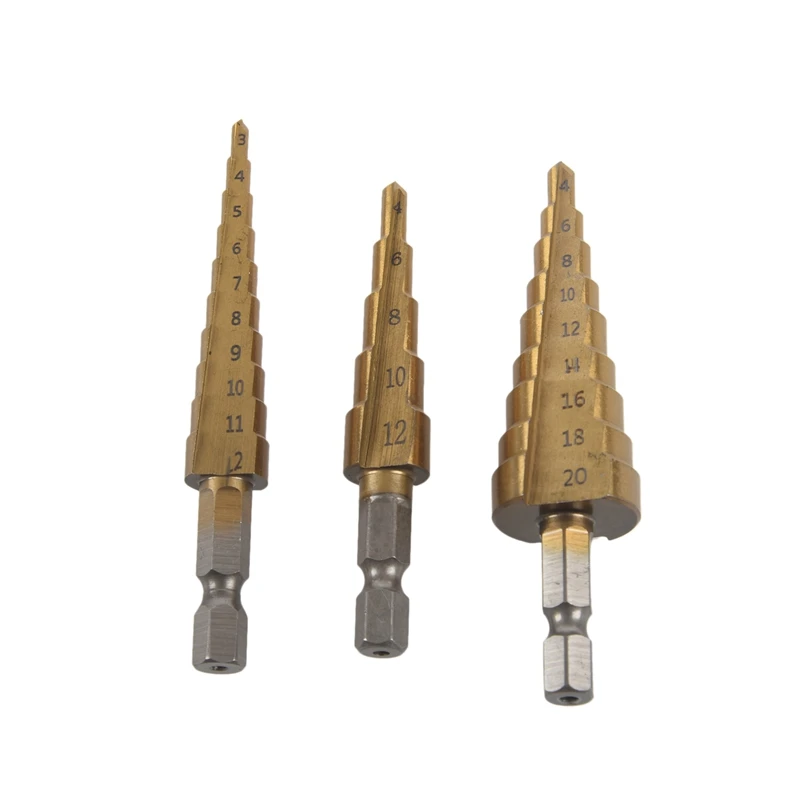 

1/4-inch Hex Shank 3-12 4-20 4-12mm Titanium Coated Step Drill Bit Set