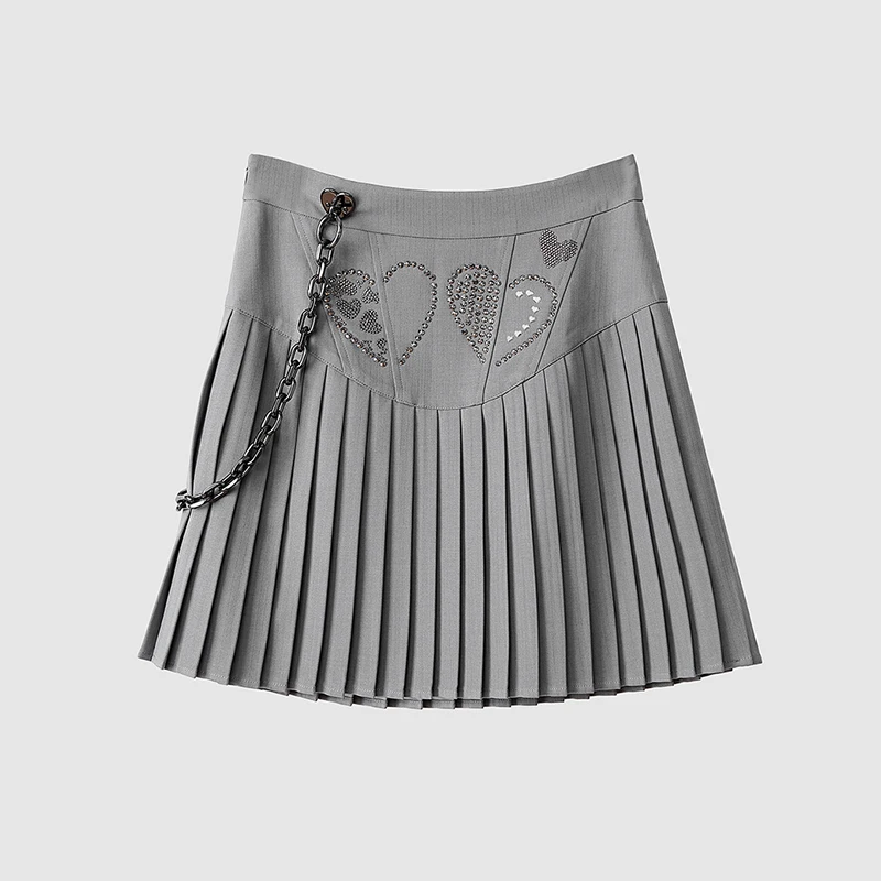 

VGH Hollow Patchwork Sexy Two Piece Set For Women V Neck Short Sleeve Top High Waist Pleated Mini Skirts Diamond Sets Female New