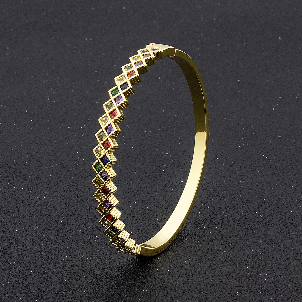 

Geometric Charm Colorful Crystal Bangle Copper CZ Stone Cuff Bracelets For Women Girls Fashion Birthday Wedding Jewelry Gift