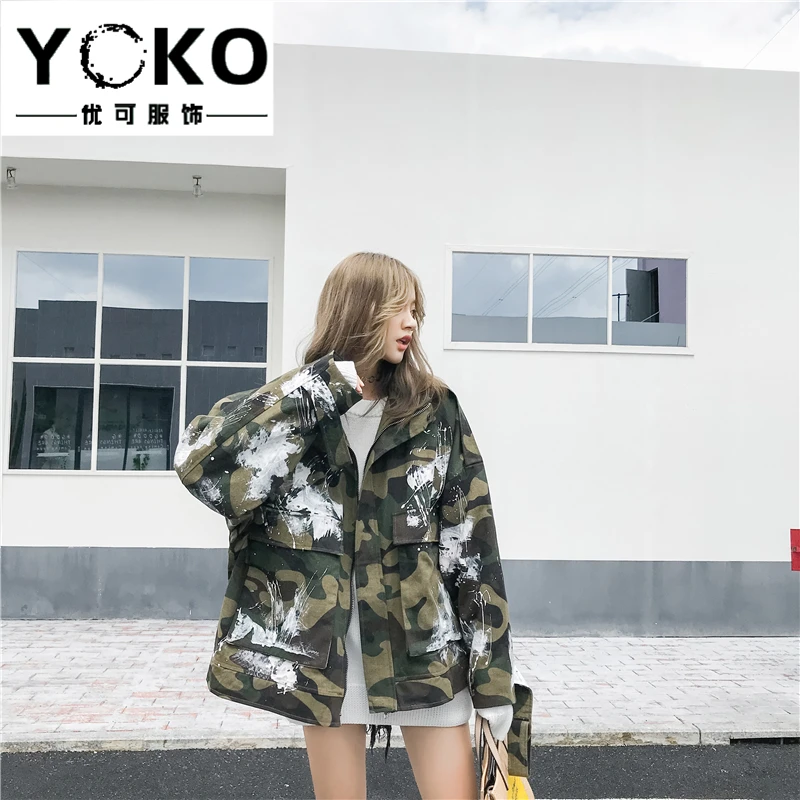 YOKO/Весенняя джинсовая куртка с граффити женская уличная Свободная капюшоном в