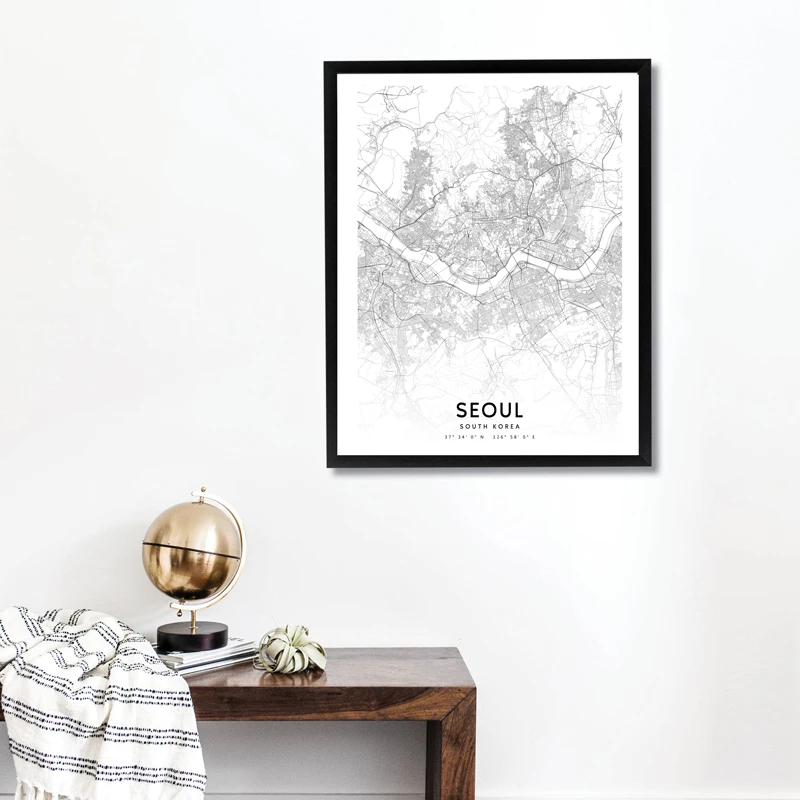 Черно-белый плакат с картой Южной Кореи Художественная печать уличная Дорожная