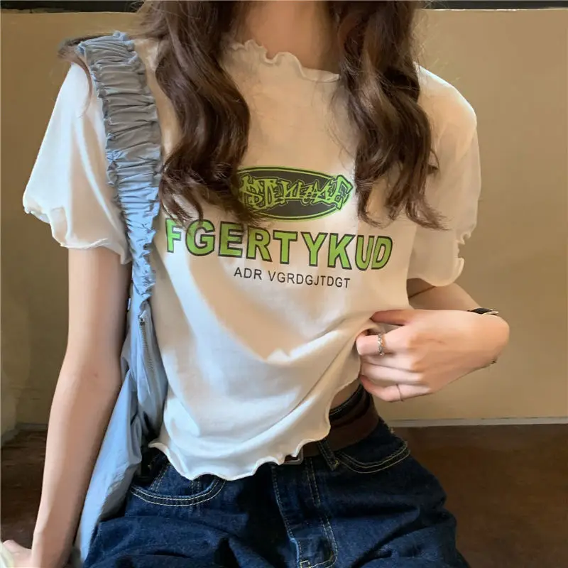 

Summer 2021 New Korean Version Of Loose Letter Printing Curled Short-Sleeved T-Shirt Female Students Short Hot Girl Top Ins