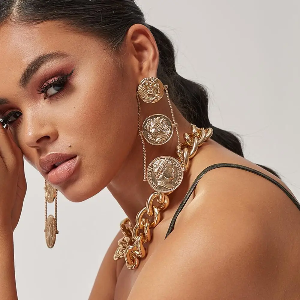 

Punk Exaggerated Coin Haning Earrings for Women Large Dangel Earrings Jewelry Portrait Goth Aesthetic Long Earring 2020 Fashion