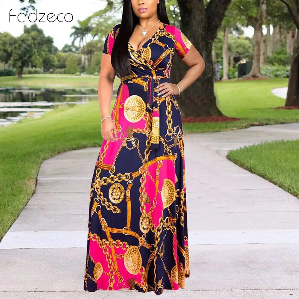 Fadzeco Новое Африканское платье для женщин Модный халат Дашики печати V шеи ремень