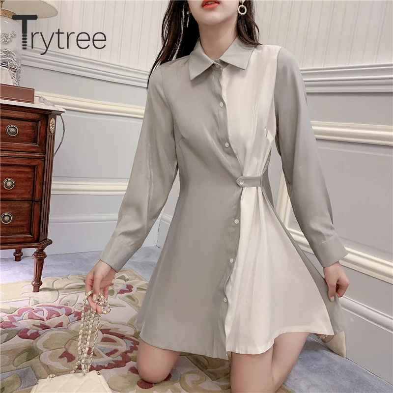 Осеннее женское Повседневное платье Trytree 2 цвета однобортное лоскутное мини