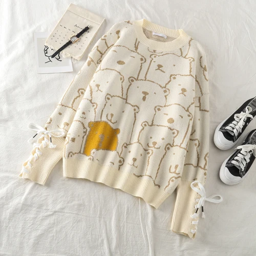 Apricot Neploe Pull Femme вязаный свитер с вышитым медведем из мультфильма осенне-зимние толстые теплые жаккардовые Джемперы вязаные пуловеры 56201 - Цвет: Apricot