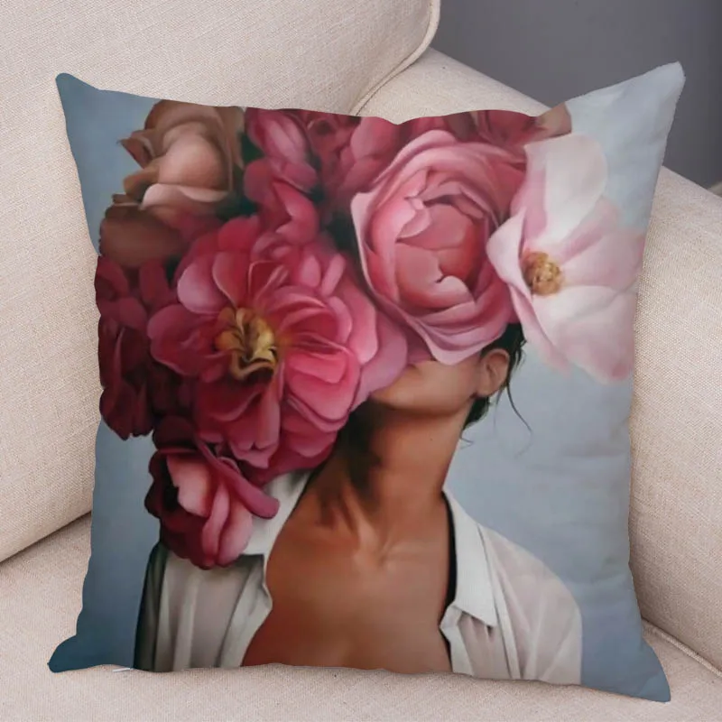 

Harajuku Aesthetics Cushion Cover Decor Sexy Flowers Feather Print Pillowcase for Sofa Home Super Soft Short Plush Pillow Case