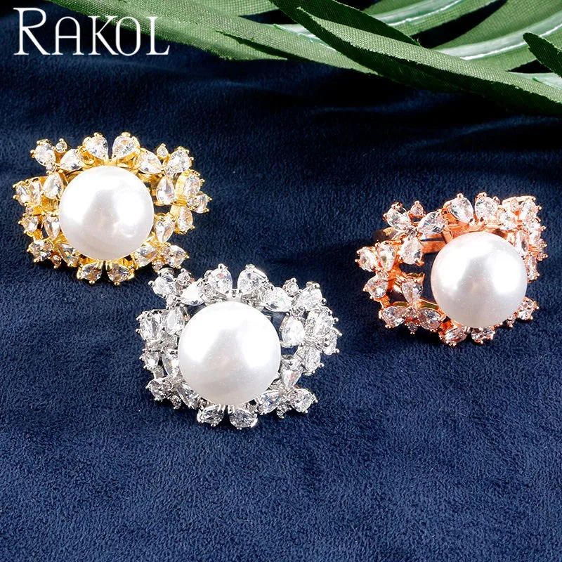 RAKOL новые модные цветочные формы высокое качество фианиты с имитацией жемчуга