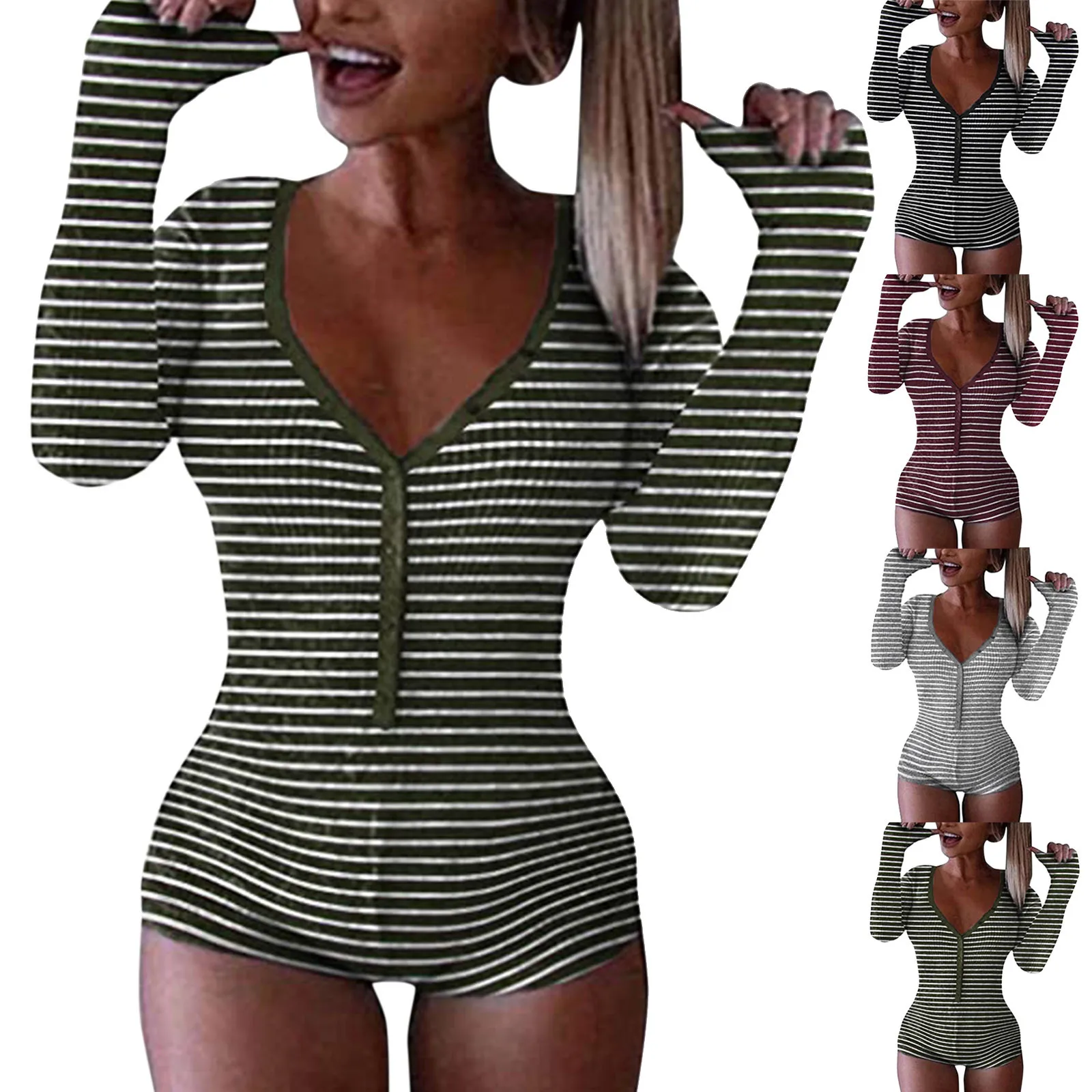 

Women Sexy Deep V Neck Short Jumpsuit Pajama Long Sleeve One Piece Bodycon Rompers Overall Sleepwear Playsuit Romper A50