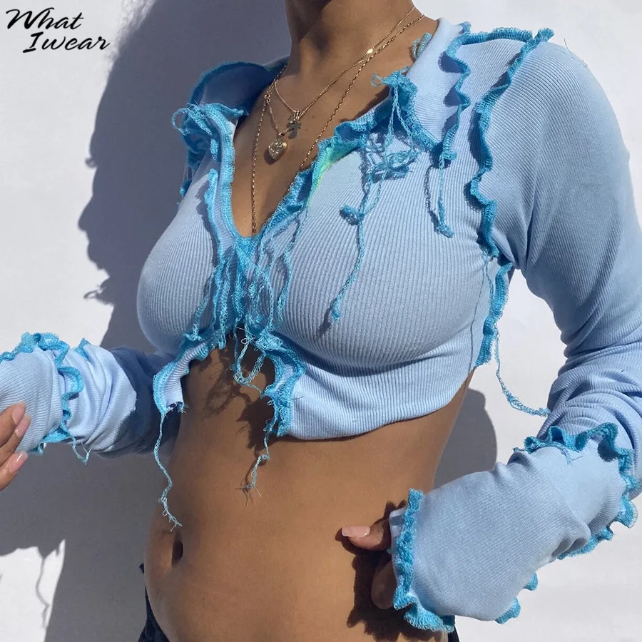 

Tassel V-neck Knit Casual Tshirts Women Y2k Ribbed Soft Fabric Long Sleeve Streetwear Crop Tops Loose Female Tees Harajuku