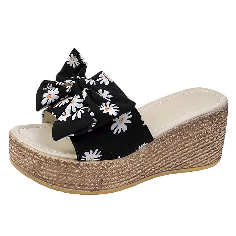 

Shoes Woman 2021 Butterfly-Knot Slippers Heels Pantofle On A Wedge Luxury Slides Flower Platform High New Designer Soft PU Flora