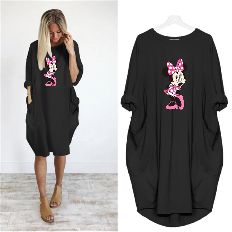 

Disney Women Plus Size Dress Printing Cute Mickey Pocket Loose Dresses Vintage Party Casual Woman Dress Robes 2021 Vestidos