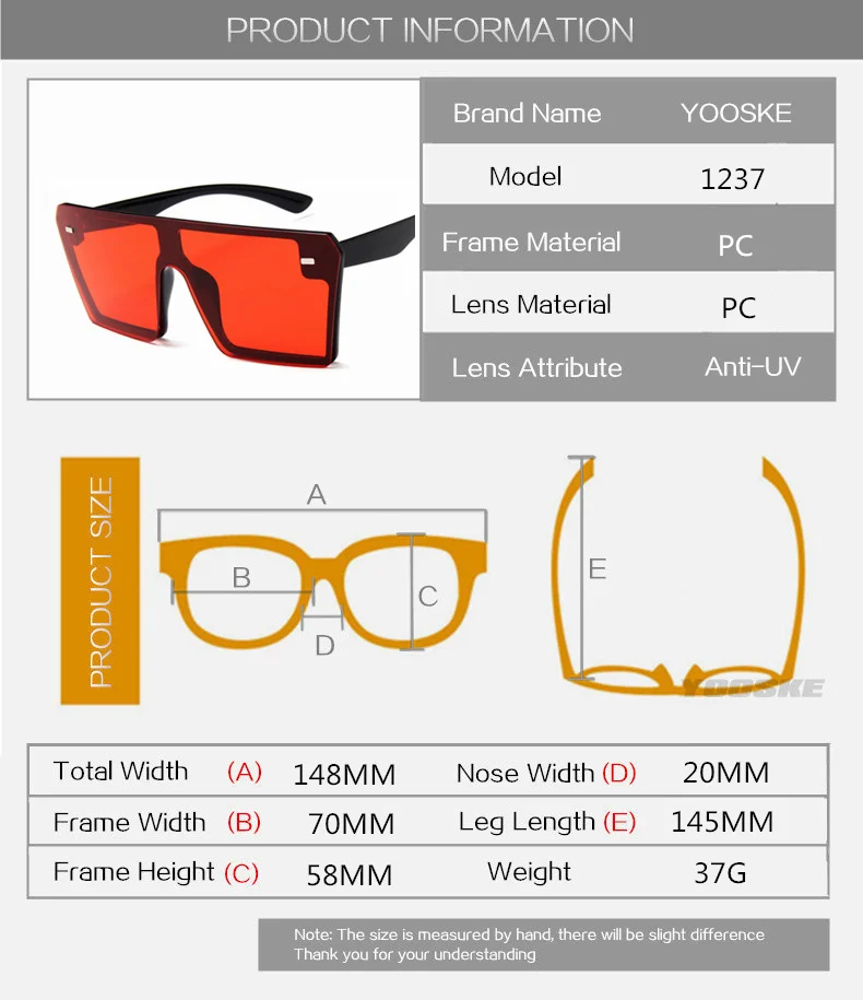 YOOSKE Brand Oversized Sunglasses Women Men Vintage Gradient Sun Glasses Shades Retro Big Frame Flat Top One Piece Eyewear
