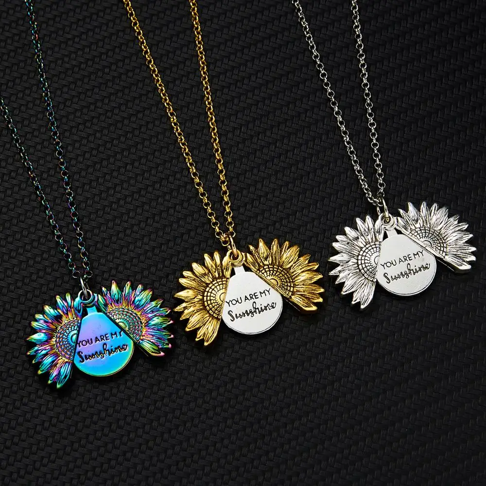 

2020 New You Are My Sunshine Necklace Alloy Open Locket Sunflower Necklaces Gold Colorful Pendant Collar Women Gift