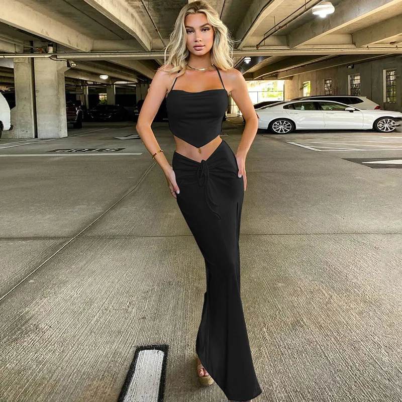 

Fashion Drawstring Ruched Matching Sets Split Skirts Set Halter Crop Top and Skirt Summer Club Outfits 2 Piece Set