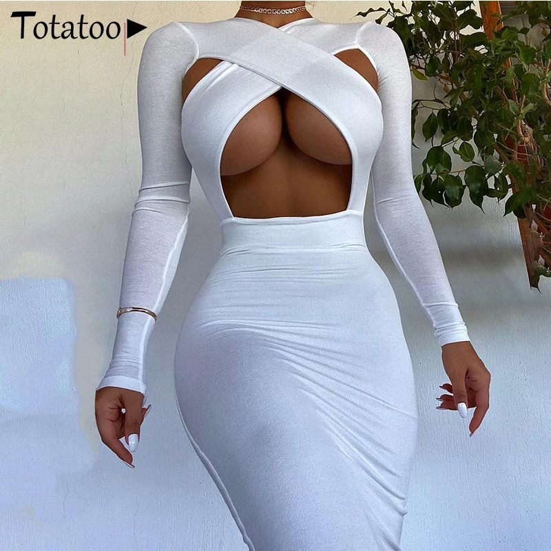 

Totatoop Sexy Cross Hollow Out V Neck Long Sleeve Bodycon Long Dress Women 2021 Autumn Club Party Skinny Bandage Dresses Female