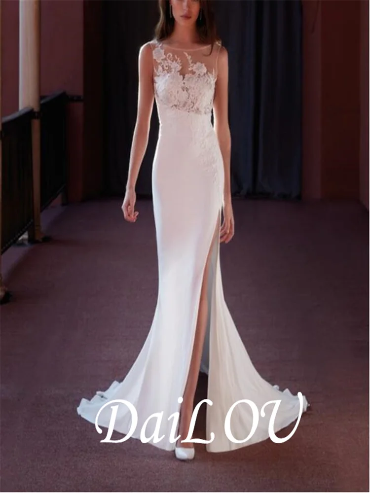 

DAILOU Simple Ivory Soft Satin A Line Wedding Party Dresses Sleeveless High Side Slit Women Formal Gowns Outfit 2021