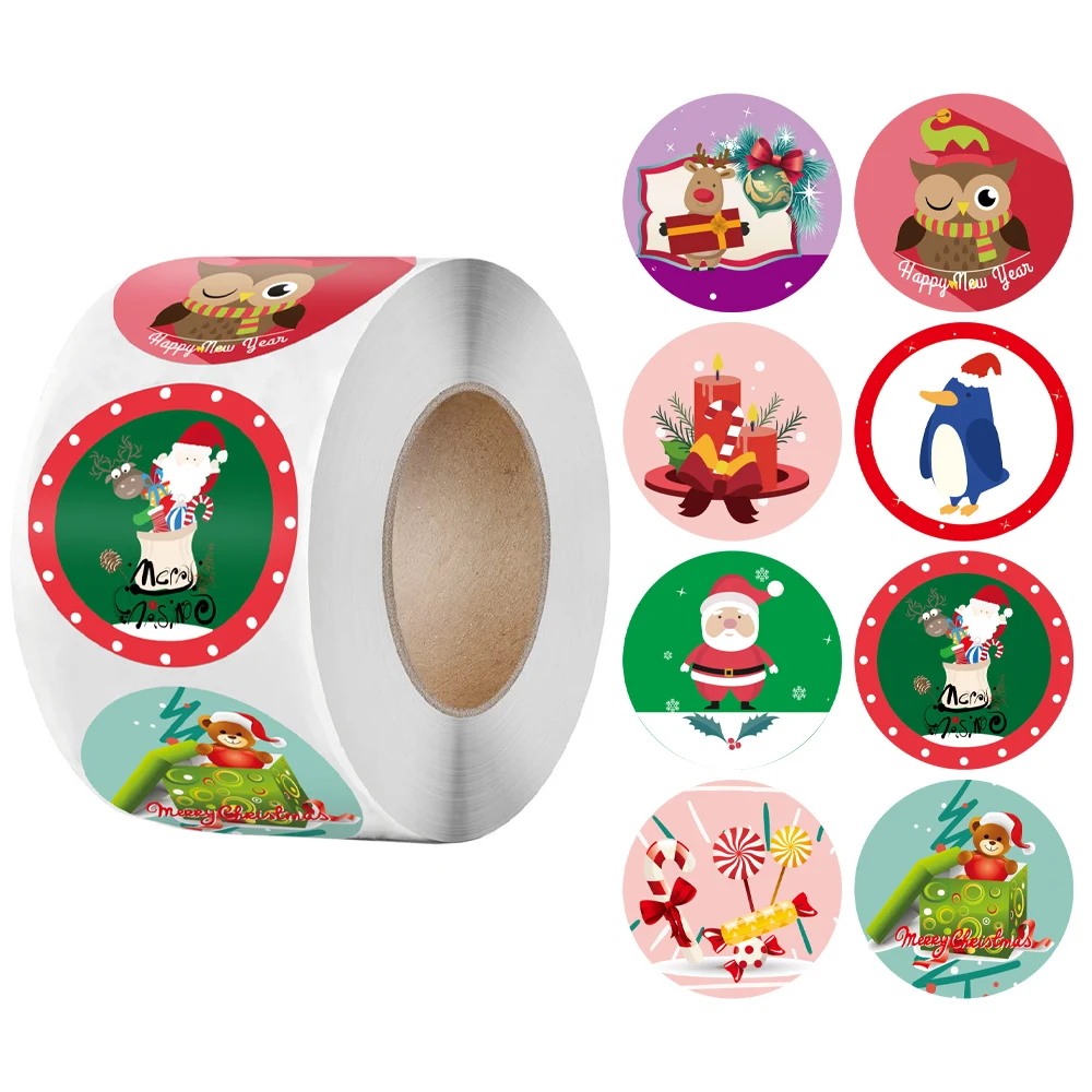 

500pcs/roll 1.5 inch Merry Christmas Sticker Cartoon Santa Penguin Elk Bear Designs for Xmas Holiday Party Gift Decoration Label